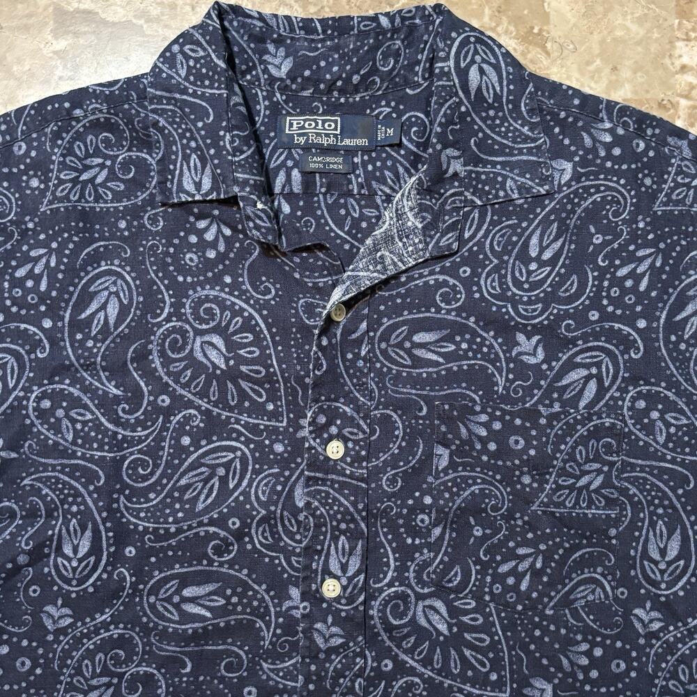 Polo Ralph Lauren Shirt Mens Medium Cambridge 100% Linen Paisley Reverse Print